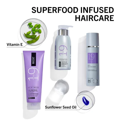 Vista 4 de Biotop Professional 19 Pro Silver Shampoo - Champú morado para neutralizar los tonos amarillos y cobrizos, hecho con aceite de girasol y vitamina E