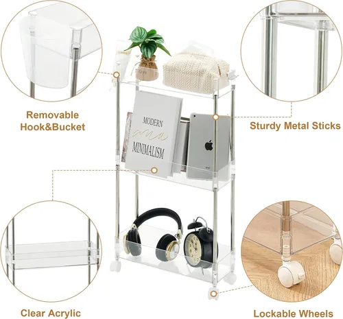 Vista 2 de VECELO Carrito rodante de acrílico de 3 niveles, carrito utilitario para almacenamiento de cocina, estantes móviles organizadores deslizables con 2