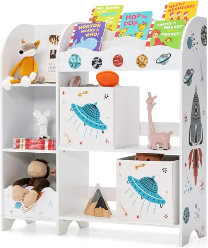 Vista 12 de HONEY JOY Organizador de almacenamiento de juguetes para niños, unidad de almacenamiento de madera con 2 cajas, estantería de exhibición para niños