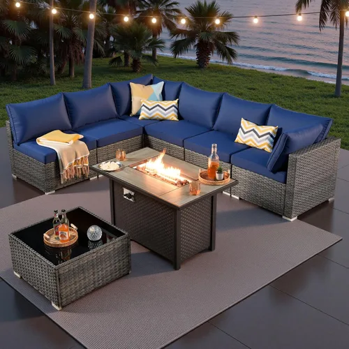 Vista 19 de ovios Juego de muebles de patio al aire libre de 5 piezas con mesa de café, conjunto seccional de muebles de patio con sofá de mimbre para todo tipo