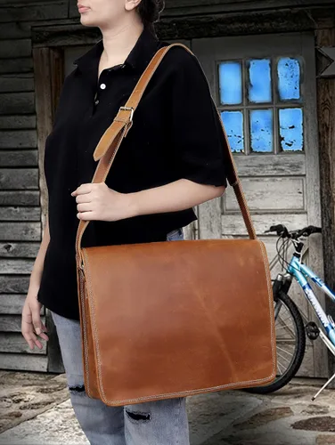 Vista 2 de VC VINTAGE COUTURE 18 pulgadas cuero completo solapa mensajero hecho a mano bolsa portátil bolsa bolsa bolsa de mensajero acolchado marrón, Marrón