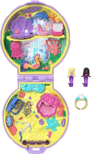 Vista 4 de Polly Pocket Keepsake Collection Mermaid Dreams Compacto Coleccionable, Tema Bajo el Mar, Caja Especial, 2 Muñecas Sirena, Anillo Usable y Más