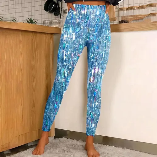 Vista 6 de Leggings con estampado de lentejuelas para mujer, pantalones deportivos de cintura alta, pantalones largos elásticos y brillantes, para citas
