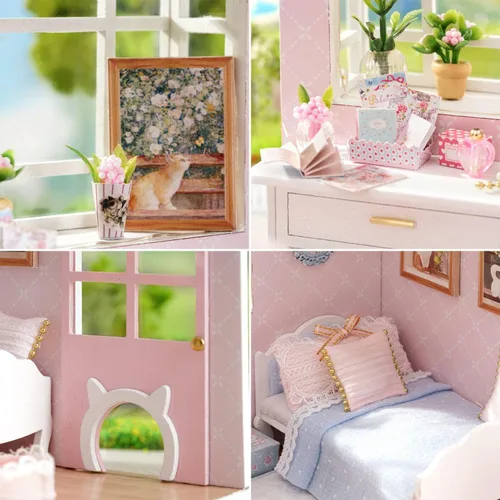 Vista 4 de Roroom Kit de casa de muñecas en miniatura y muebles, modelo de casa de muñecas de madera 3D con cubierta a prueba de polvo y LED, idea creativa