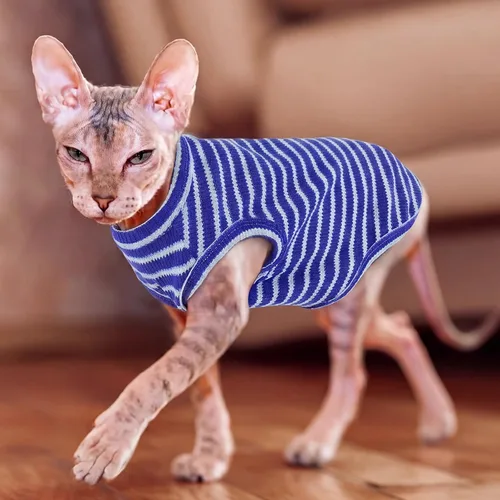 Vista 6 de BRKURLEG Camisa de punto para gatos, chaleco sin mangas para gatos Sphynx y perros pequeños, ropa suave de primavera y verano, camisetas Rayas azules