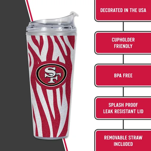 Vista 5 de Rico Industries NFL Football Glitter 24 onzas Vaso de purpurina acrílico con tapa con bisagra, Vaso de doble pared oficialmente licenciado con pajita