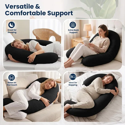 Vista 6 de TranquilRelax Almohada corporal en forma de C para dormir de lado, almohada larga de espuma viscoelástica para piernas, cadera y espalda, funda Negro