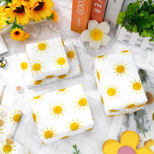 Vista 4 de Whaline 100 hojas de papel de seda bohemio con sol amarillo, papel de regalo para el primer viaje alrededor del sol, papel de arte para manualidades