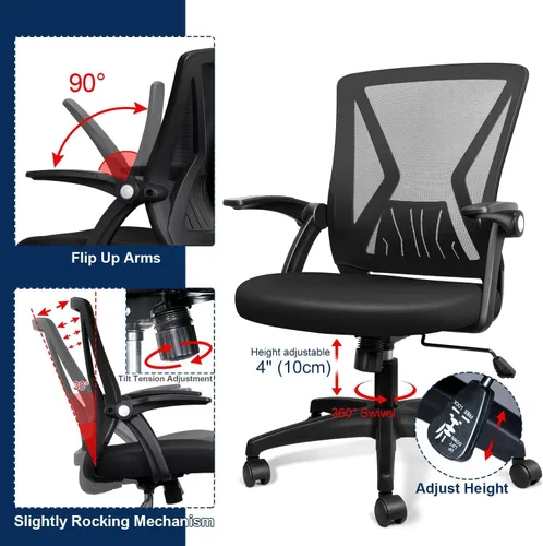 Vista 4 de TTD Silla de oficina ergonómica cómoda giratoria para el hogar, silla de escritorio moderna de malla negra con brazos abatibles, silla