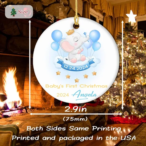 Vista 4 de Adornos personalizados para la primera Navidad del bebé 2024 con nombre y texto, adorno de elefante personalizado para bebés recién nacidos