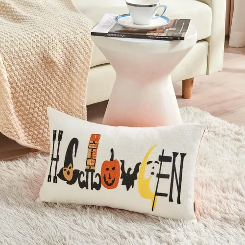 Vista 5 de Alysheer Funda de almohada decorativa de otoño con bordado de Halloween, 12 x 20 pulgadas, funda de cojín de lona de algodón bordada naranja