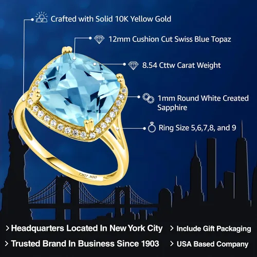 Vista 2 de Gem Stone King Anillo de oro amarillo de 10 quilates con piedra natal y zafiro blanco creado para mujer, cojín de 0.472 in, anillo de compromiso