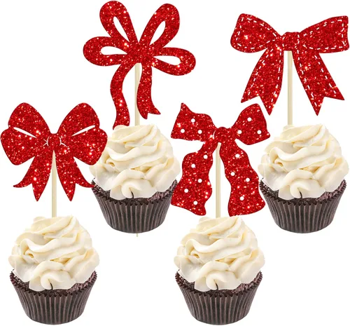 Vista 9 de Ephlyn 24 adornos para cupcakes con lazo para decoración de pastel de cumpleaños, decoración de fiesta de cumpleaños para niñas, decoración de Negro