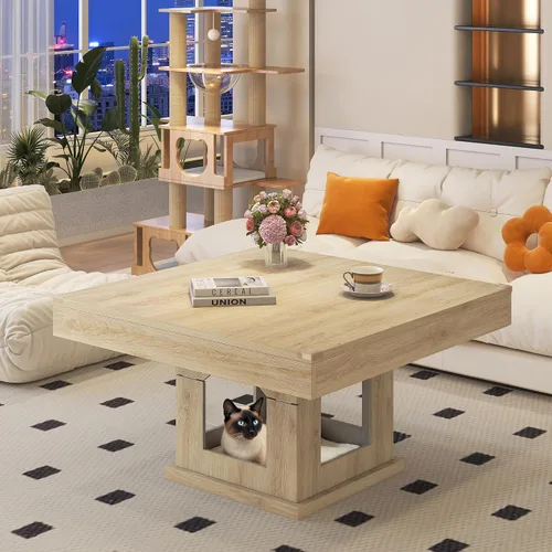 Vista 8 de [Usado] knoworld Mesa de centro cuadrada, mesa de centro de madera con almacenamiento y casa para gatos, mesa de cóctel para sala de estar, mesa