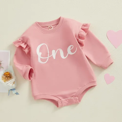 Vista 2 de Conjunto de 1er cumpleaños para bebé niña con volantes y manga larga con cuello redondo