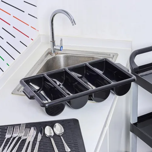 Vista 4 de Restaurantware - Organizador de cubiertos de 21.9 x 14.2 x 3.5 pulgadas, 1 bandeja de cubiertos resistente a las grietas - 4 compartimentos, asas