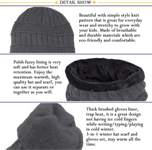 Vista 2 de T WILKER Juego de 3 gorros de invierno para niños, bufanda y guantes para pantalla táctil