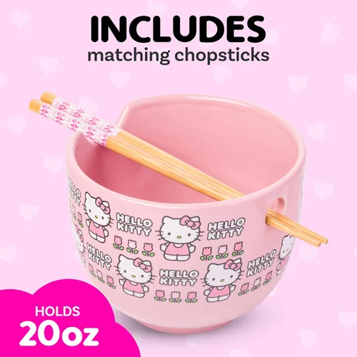 Vista 3 de Silver Buffalo Sanrio Hello Kitty Flowers, cuenco de ramen con palillos Patrón de flores de Hello Kitty