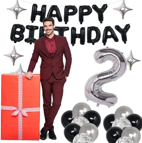 Vista 4 de Decoraciones de fiesta de cumpleaños color negro y plateado para niños y niñas, suministros de fiesta de cumpleaños número 14 con pancarta negra