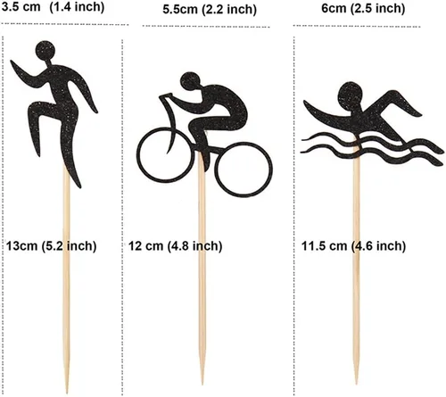 Vista 2 de 24 piezas de adornos de triatlón con purpurina negra para magdalenas, natación, correr, ciclismo, para fiestas temáticas, cumpleaños, bodas, baby