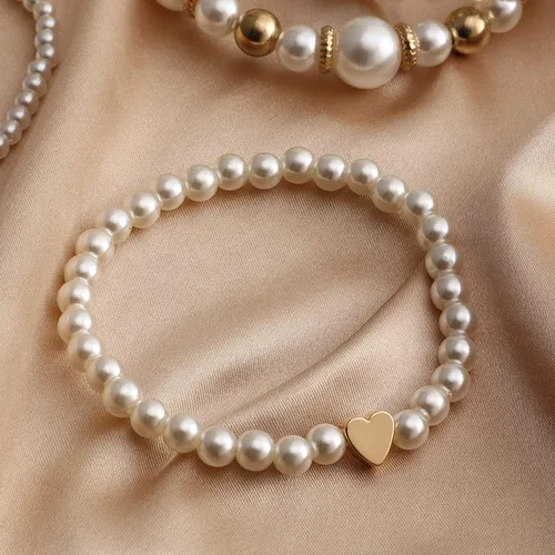 Vista 5 de Caiyao Temperament Fashion Imitated Pearl apilable capas pulseras declaración grande de perlas de imitación corazón brazalete blanco redondo perla
