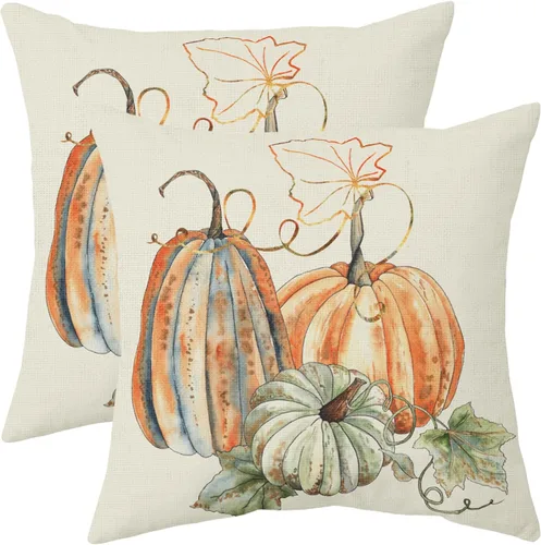 Vista 18 de Juego de 2 fundas de almohada de otoño de 16 x 16 pulgadas, color azul aguamarina, calabaza, girasol, cosecha, Acción de Gracias, para exteriores
