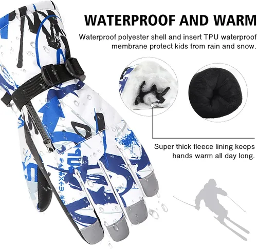 Vista 3 de American Trends Guantes de invierno impermeables con bolsillo con cremallera, guantes de esquí para la nieve para niños y niñas, guantes