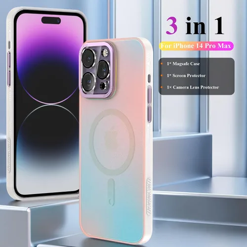Vista 2 de YMHML Magsafe - Funda 3 en 1 para iPhone 14 Pro Max con protector de pantalla y protector de lente de cámara de vidrio templado, bonita funda