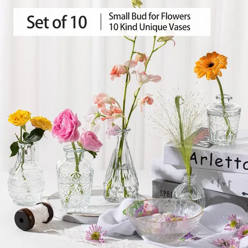 Vista 3 de Jarrones pequeños vintage para flores, juego de 10, jarrones mini de botones para flores, jarrones pequeños transparentes a granel para centros