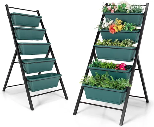 Vista 10 de Giantex Maceta vertical elevada, camas de jardín elevadas con orificio de drenaje de agua, cajas independientes de 5 contenedores para cultivo