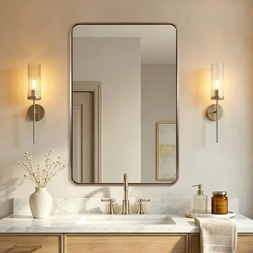 Vista 34 de Espejo de latón para baño, espejo rectangular redondeado de 22x30 pulgadas con marco de metal cepillado dorado, espejo de tocador de baño sin