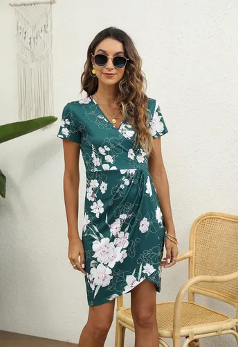 Vista 3 de Manydress Vestido ajustado de manga corta con cuello en V profundo para mujer, vestido cruzado dividido, vestido de cóctel y fiesta, vestido corto