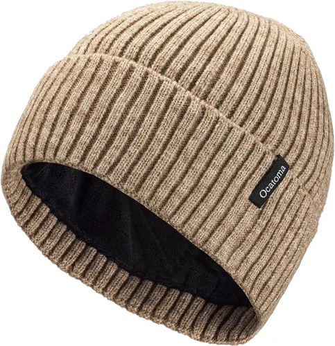 Vista 22 de Ocatoma Gorro para hombre y mujer, cálido gorro de invierno tejido con puños, suave y cálido, gorro de esquí unisex Camello gris