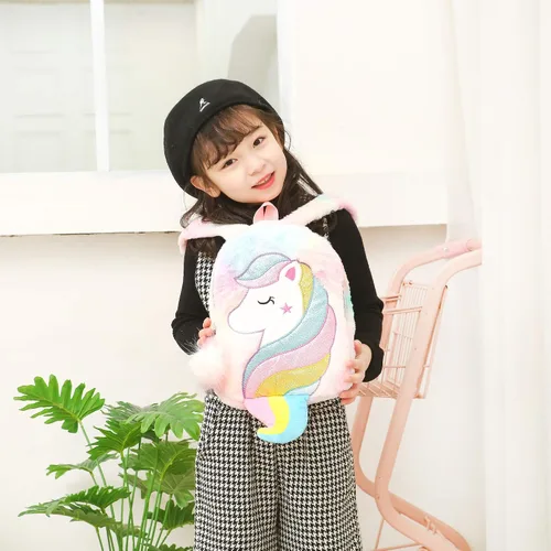 Vista 7 de CBOALOGR - Mochila pequeña de peluche de unicornio para niñas de 3 a 6 años, Bonita bolsa de viaje de unicornio de peluche para niños pequeños