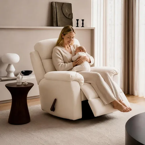 Vista 10 de FLEXISPOT Souffle-Pro - Silla reclinable giratoria con masaje y calor, reposacabezas ajustable, tela Oeko-TEX, marco de madera FSC, ideal para Gris