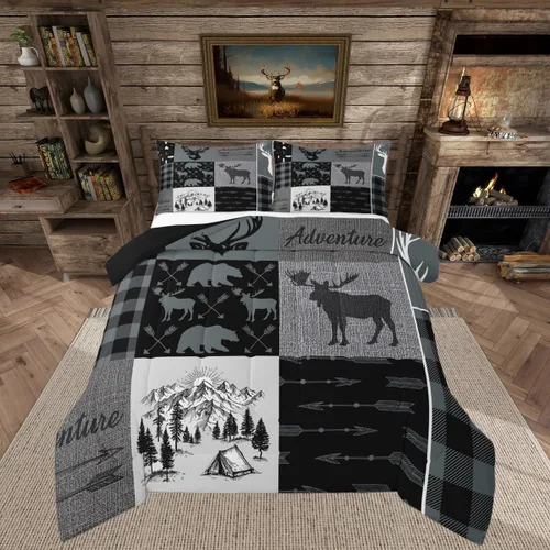 Vista 48 de Juego de edredón de cabaña rústica navideña, juego de ropa de cama estilo rústico con diseño de osos y ciervos, tamaño completo, patchwork Multi 08