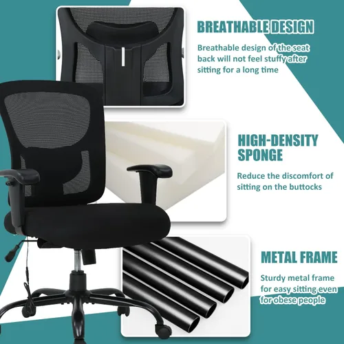 Vista 6 de Silla de oficina grande y alta para personas pesadas, silla de escritorio de computadora de 400 libras, asiento extra ancho, brazos ajustables Negro