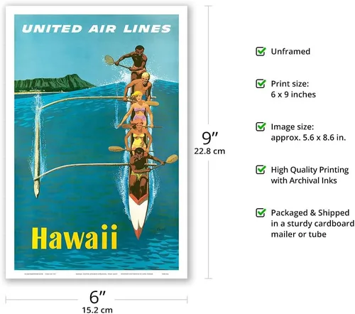 Vista 2 de Hawaii - United Air Lines - Póster de viaje de aerolínea vintage por Stan Galli c.1960 - Impresión artística maestra (sin marco) 6 x 9 pulgadas
