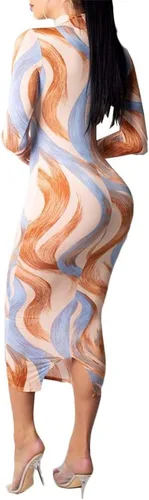 Vista 2 de Ophestin Vestido sexy de manga larga con cuello alto y rayas florales para mujer, ajustado, largo hasta la rodilla, vestido de tubo