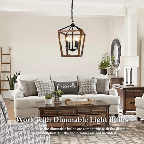 Vista 3 de Lámpara de araña estilo granja para cocina y comedor, lámpara colgante rústica de 4 luces para techo con altura ajustable en acabado de madera