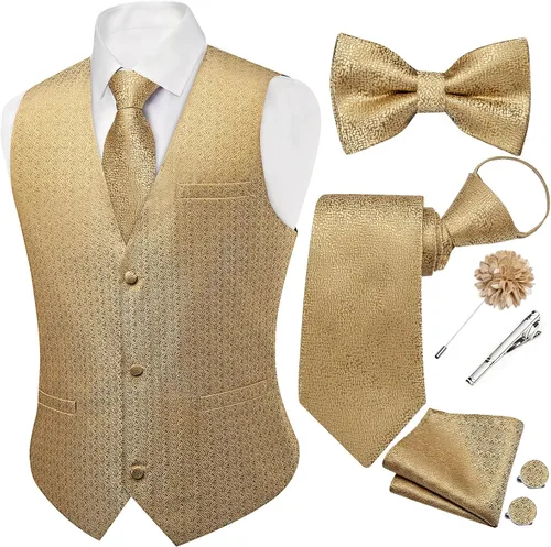 Vista 28 de DiBanGu Conjunto de chaleco de traje de cachemira y corbata preatada para Dorado y Negro