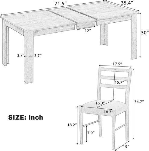 Vista 126 de Juego de mesa de comedor vintage de 6 piezas, juego de mesa de comedor de cocina de madera maciza con 4 sillas ergonómicas acolchadas y banco, mesa