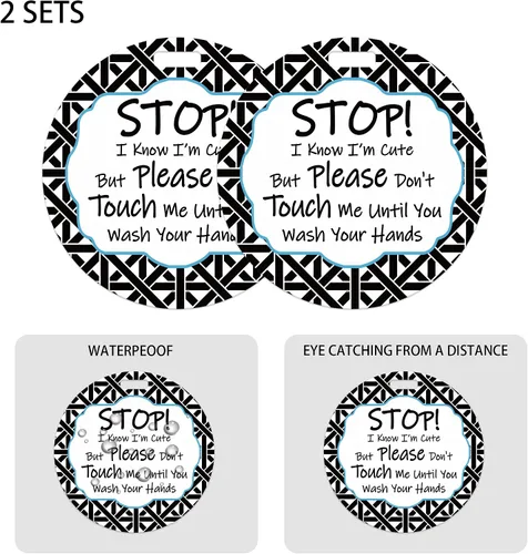 Vista 2 de PLIGREAT 2 carteles colgantes con texto en inglés "Stop Touching Baby Please Dont Touch Me", placas para recién nacido, niña, niño, prematuro