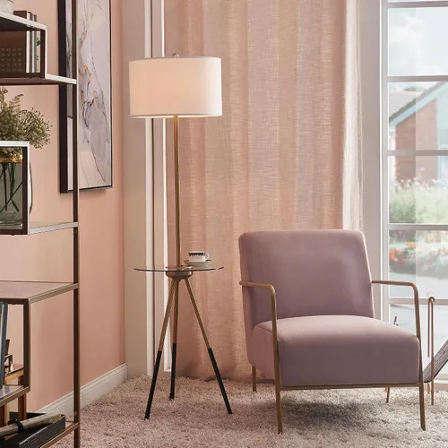 Vista 2 de Versanora Myra - Lámpara de pie con trípode de lectura moderna con puerto USB y mesa de cristal, pantalla blanca, acabado negro