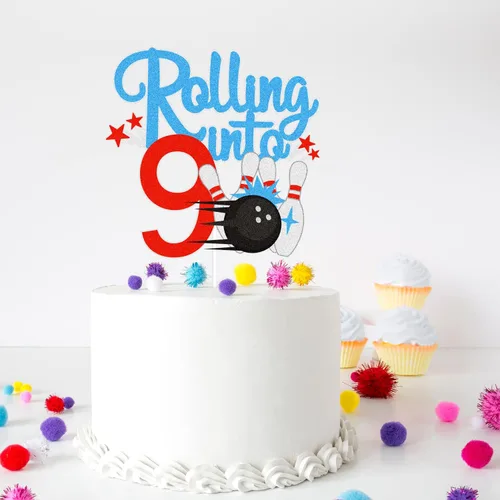 Vista 6 de Bowling Rolling Into 9 Happy 9th Birthaday - Decoración para pastel de boliche de 9º cumpleaños con purpurina - Decoración de pastel de boliche