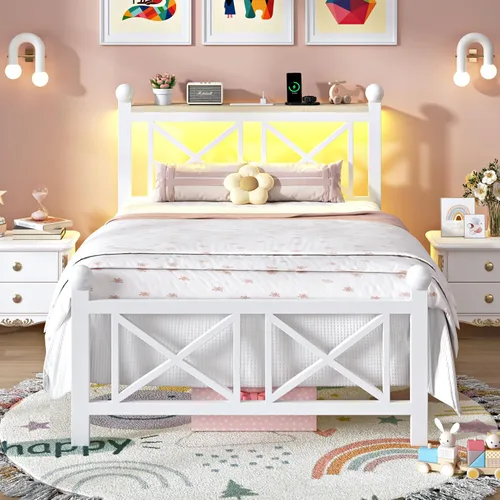Vista 14 de ChicZhiNest Marco de cama tamaño Twin con estación de carga y luces LED, cama de plataforma de metal con cabecera de madera y estante