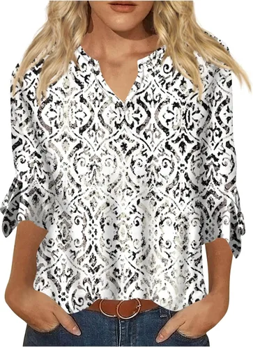 Vista 5 de Lindas camisetas de otoño para mujer, blusas sueltas casuales con cuello en V estampadas, blusas de manga 34