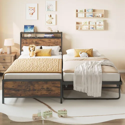 Vista 7 de IRONCK - Sofá cama doble con cama nido, cabecera de almacenamiento y estación de carga Sturdy Metal Twin Bed Frame, Space-Saving Pop Up Trundle