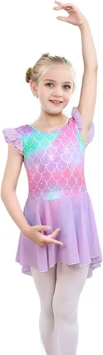 Vista 4 de iLover Vestido de leotardo clásico con mangas con volantes para niñas, para danza, gimnasia y ballet