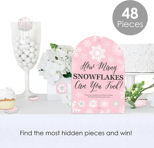Vista 2 de Big Dot of Happiness Pink Winter Wonderland – Fiesta de cumpleaños de copo de nieve y caza del tesoro de baby shower – 1 soporte y 48 piezas